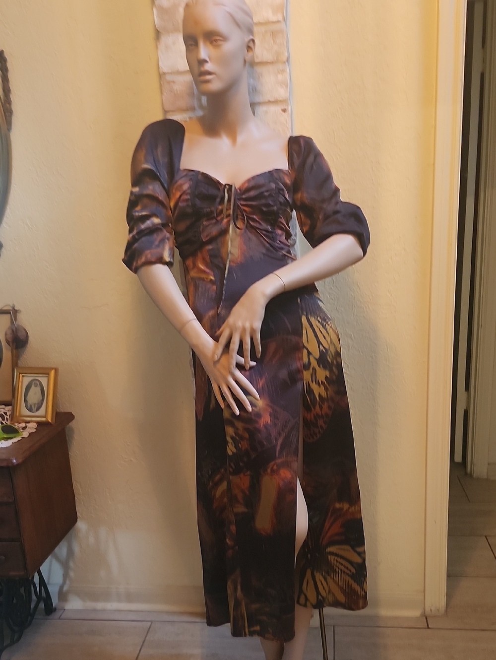 Urban Outfitters Brown & Mustard Butterfly-Print Midi Dress